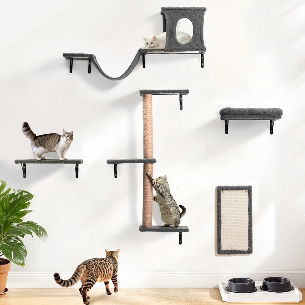 Cat Wall Shelves Perches Set - 5 in 1 Wall Furniture - Sleeping Playing Lounging Climbing Wall-Mounted Cat Tree House