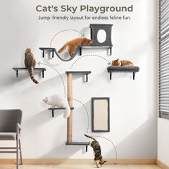 Cat Wall Shelves Perches Set - 5 in 1 Wall Furniture - Sleeping Playing Lounging Climbing Wall-Mounted Cat Tree House