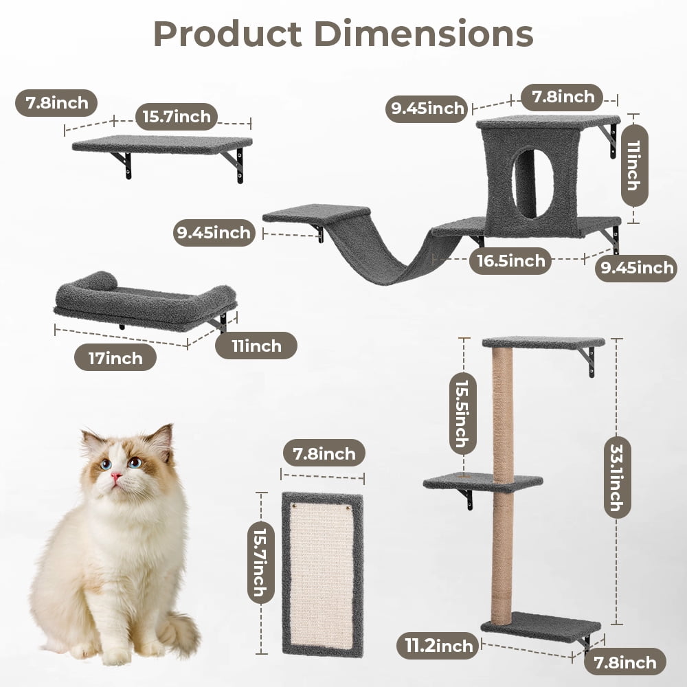 Cat Wall Shelves Perches Set - 5 in 1 Wall Furniture - Sleeping Playing Lounging Climbing Wall-Mounted Cat Tree House