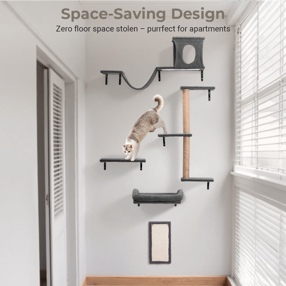 Cat Wall Shelves Perches Set - 5 in 1 Wall Furniture - Sleeping Playing Lounging Climbing Wall-Mounted Cat Tree House