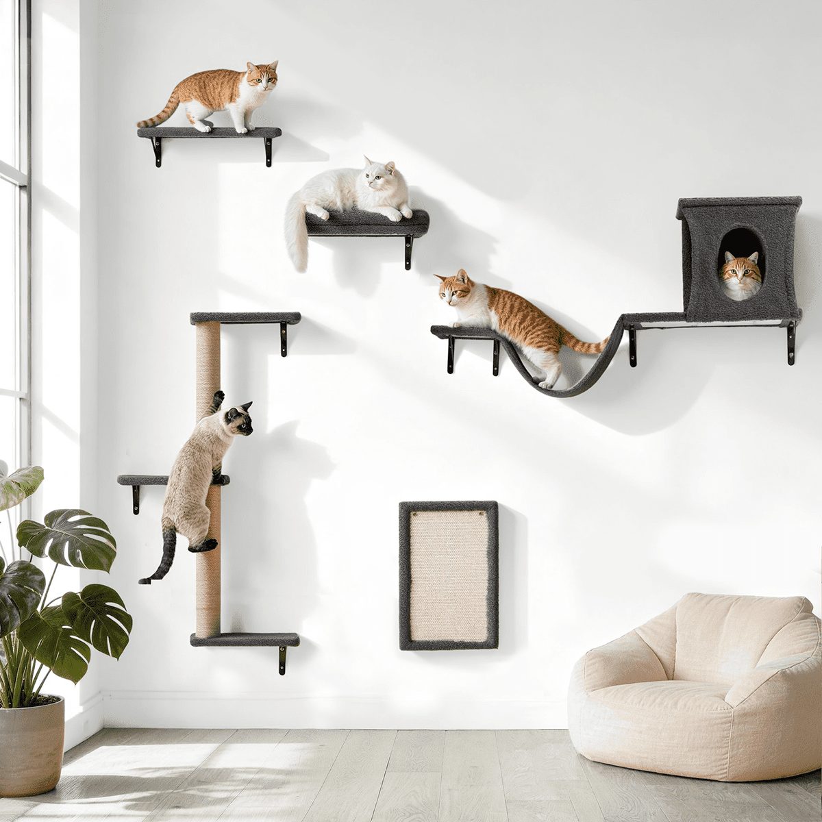 Cat Wall Shelves Perches Set - 5 in 1 Wall Furniture - Sleeping Playing Lounging Climbing Wall-Mounted Cat Tree House