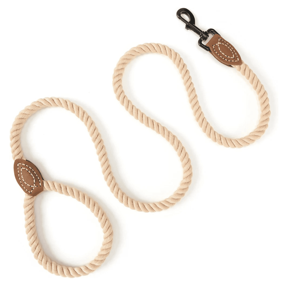 Braided Cotton Rope Dog Leash 6FT Heavy Duty Leather Tip & Metal Clasp Training Leash