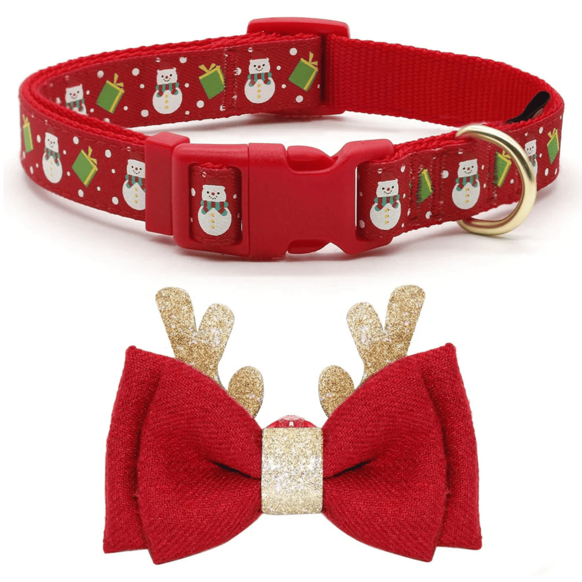 Red dog collar with Christmas-themed design and two red bow ties with gold accents.