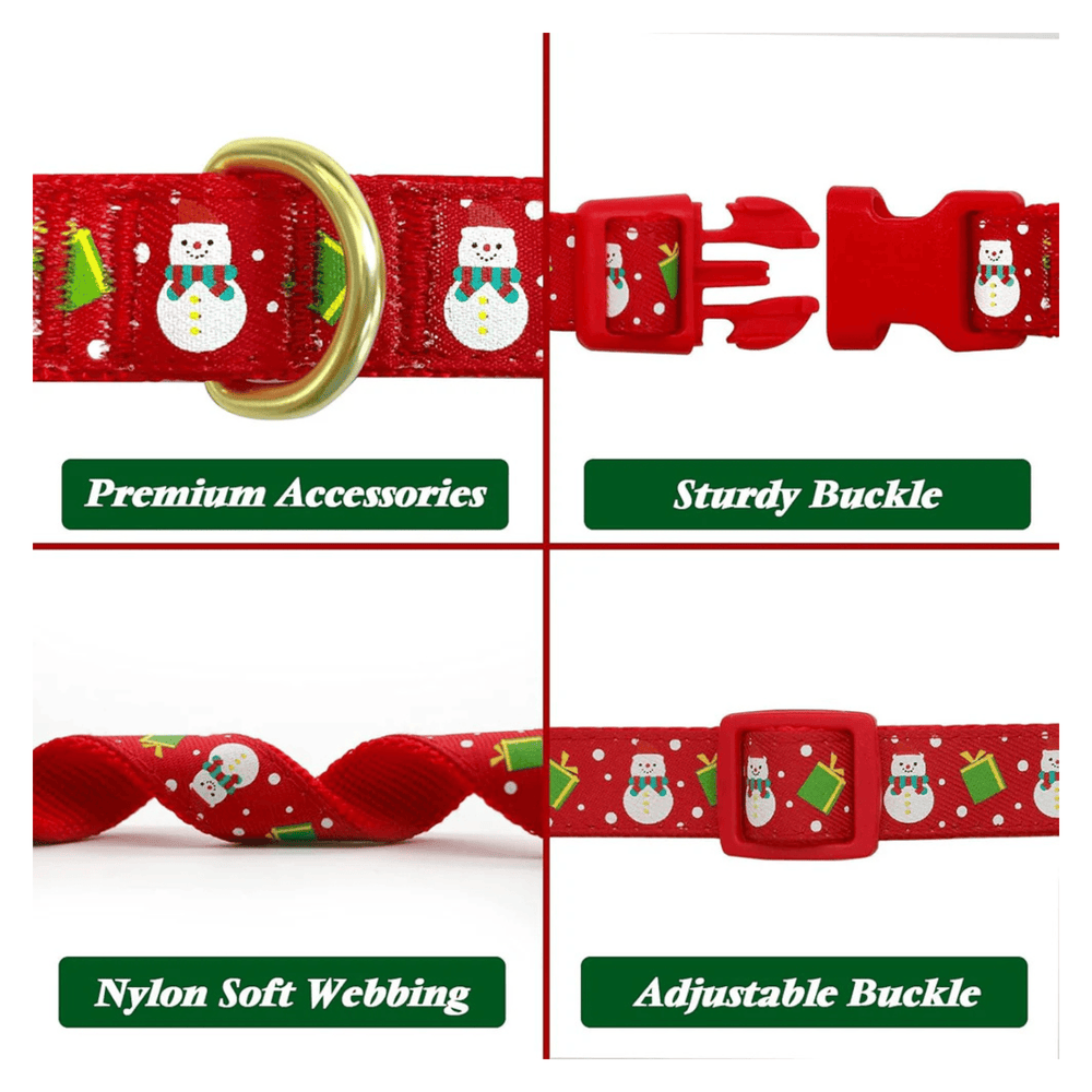 Red dog collar with Christmas-themed design and two red bow ties with gold accents.