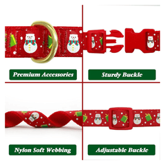 Red dog collar with Christmas-themed design and two red bow ties with gold accents.
