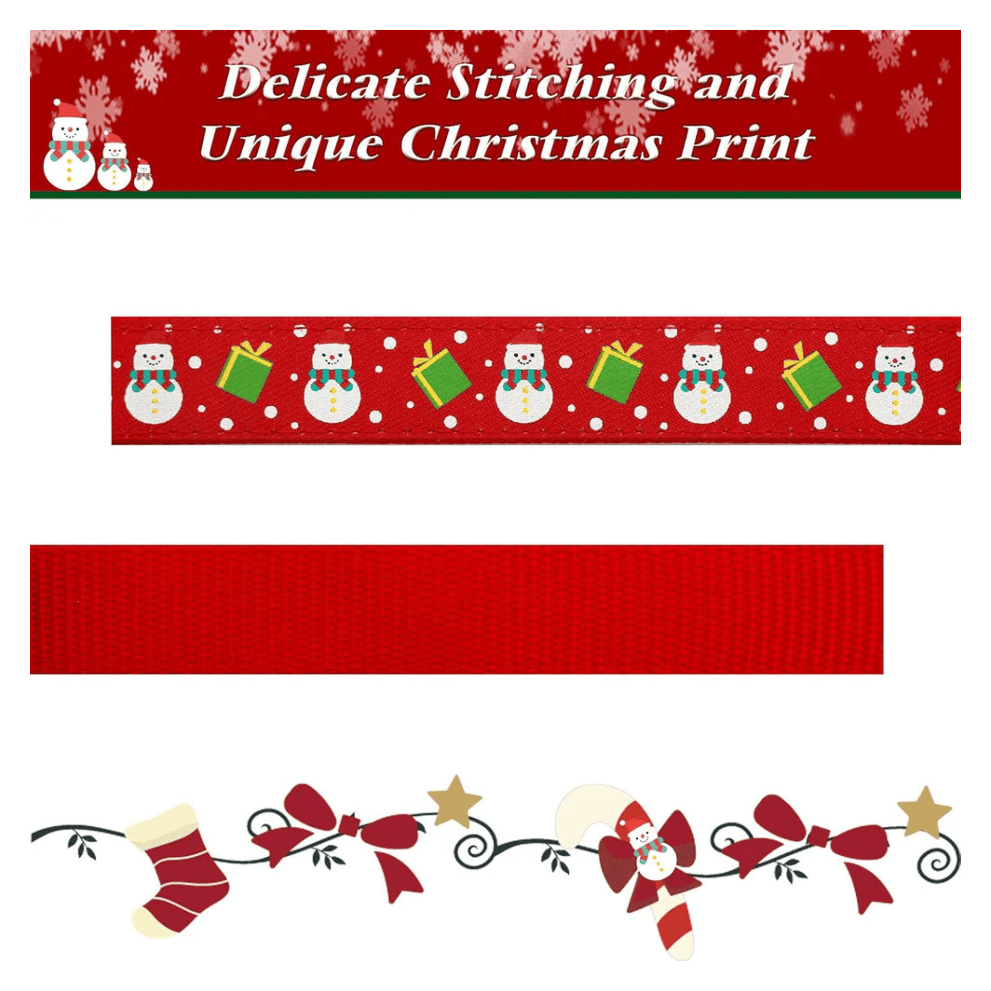 Red dog collar with Christmas-themed design and two red bow ties with gold accents.