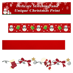 Red dog collar with Christmas-themed design and two red bow ties with gold accents.