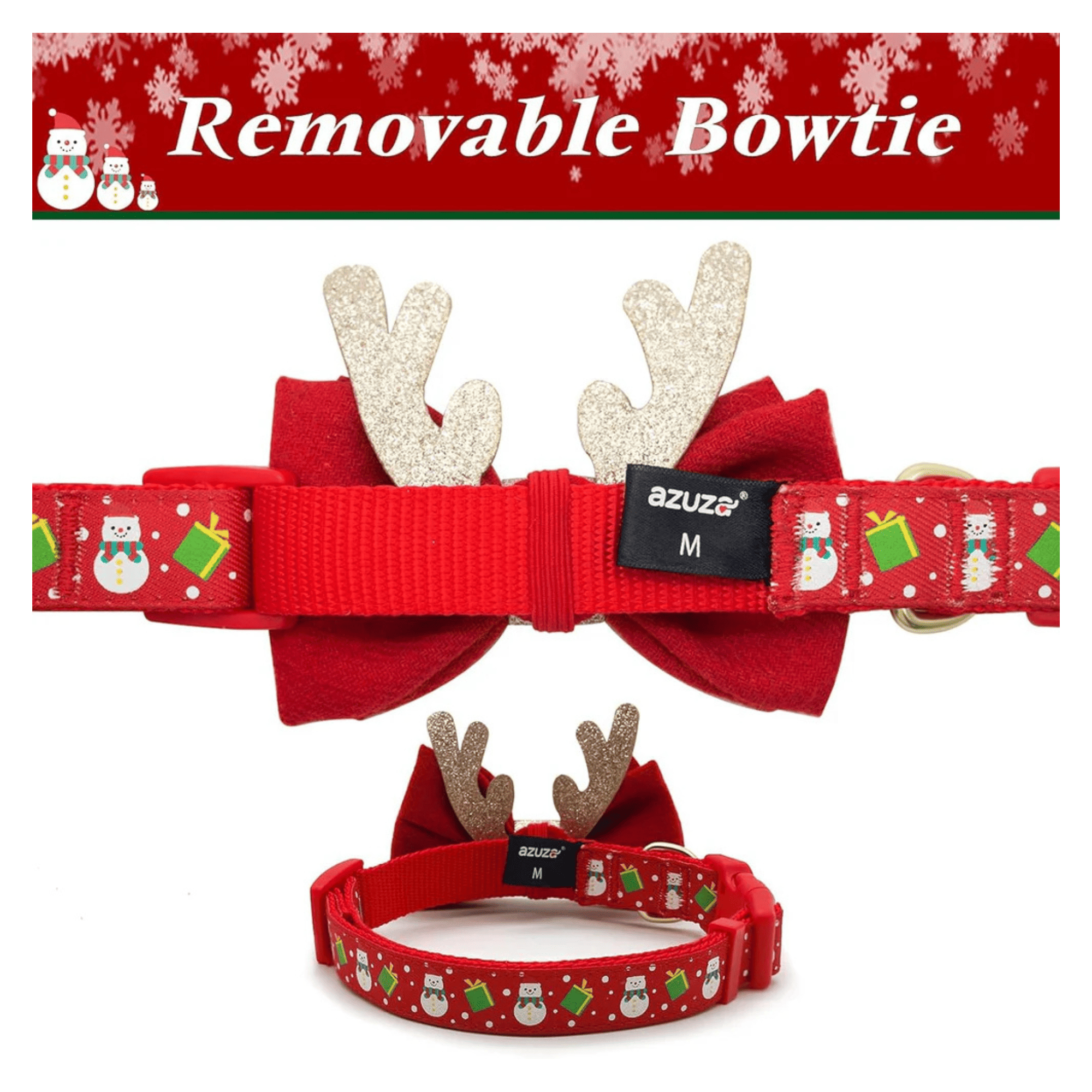 Red dog collar with Christmas-themed design and two red bow ties with gold accents.