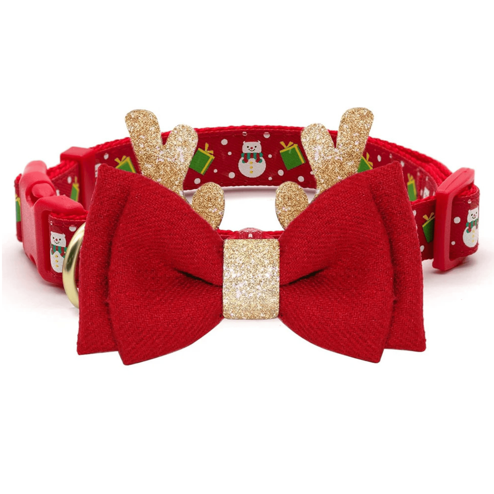 Red dog collar with Christmas-themed design and two red bow ties with gold accents.