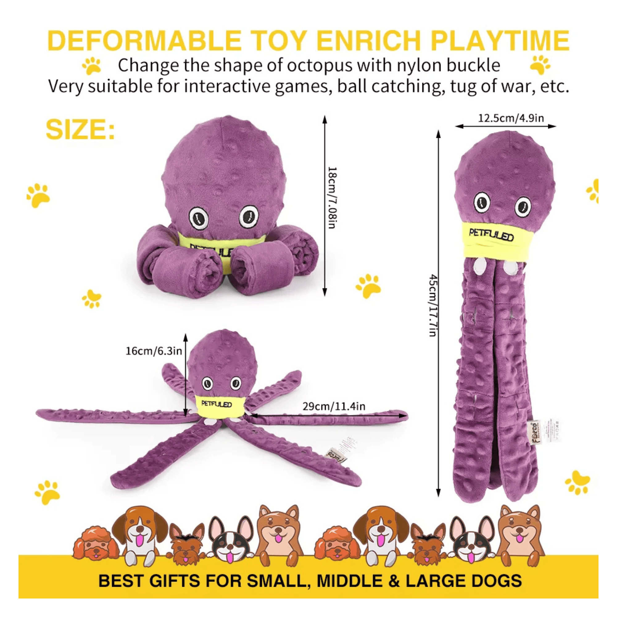 Octopus Dog Toy with Squeaker Interactive Plush Chew Toy with Treat Hiding Compartment for Medium Dogs