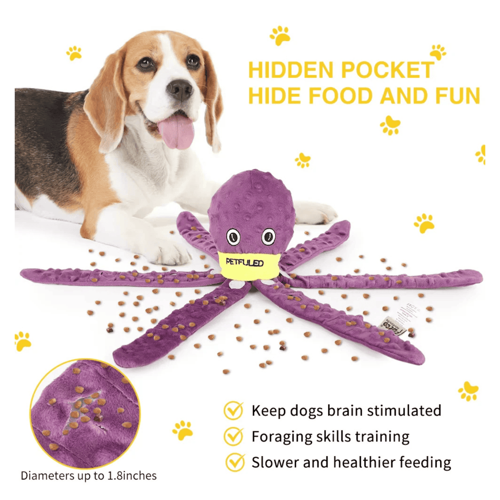 Octopus Dog Toy with Squeaker Interactive Plush Chew Toy with Treat Hiding Compartment for Medium Dogs