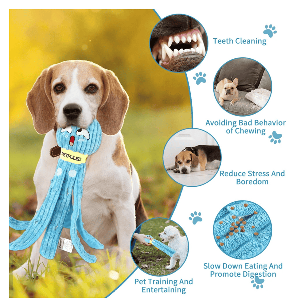 Octopus Dog Toy with Squeaker Interactive Plush Chew Toy with Treat Hiding Compartment for Medium Dogs