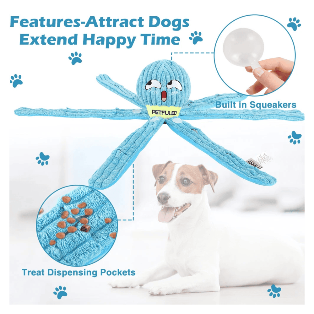 Octopus Dog Toy with Squeaker Interactive Plush Chew Toy with Treat Hiding Compartment for Medium Dogs