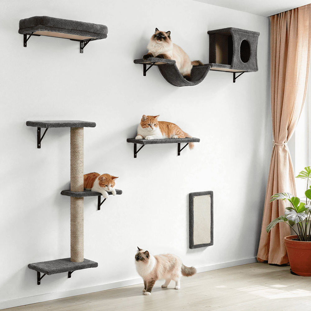 Cat Wall Shelves Perches Set - 5 in 1 Wall Furniture - Sleeping Playing Lounging Climbing Wall-Mounted Cat Tree House
