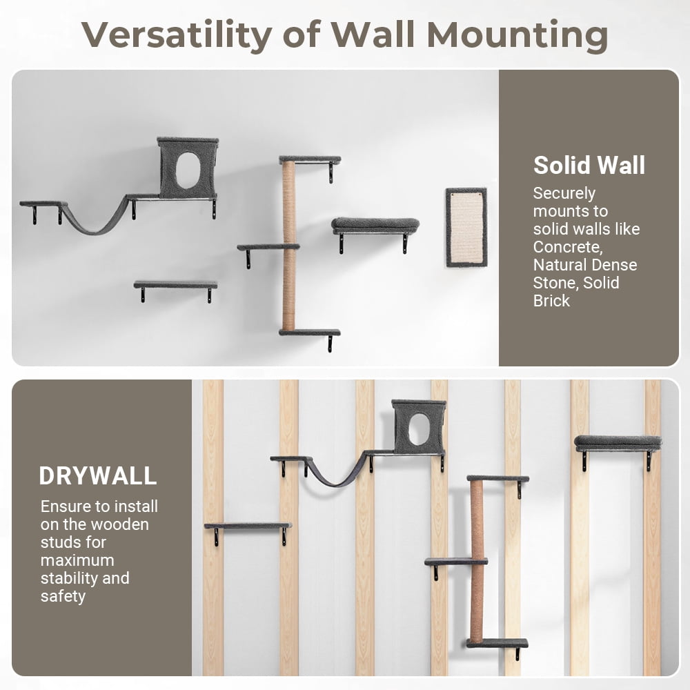 Cat Wall Shelves Perches Set - 5 in 1 Wall Furniture - Sleeping Playing Lounging Climbing Wall-Mounted Cat Tree House